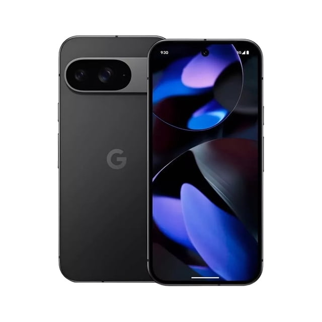 google pixel 9 128gb negro vista frontal y trasera 3/4, smartphone negro con pantalla encendida y notch gota, módulo de cámara ovalado doble trasero y logo G central; destaca chip Tensor G4 y marcos delgados.