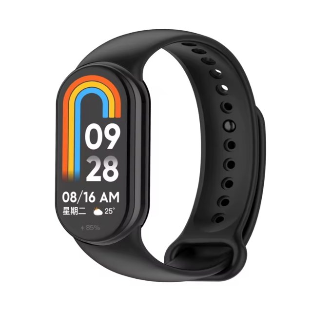 correa de silicona para xiaomi mi band 8, premium, deportiva, resistente al agua Negro. Vista 3/4 frontal de correa deportiva negra de silicona con caja ovalada para Mi Band 8, cierre con orificios ajustables y talla única 23 cm; textura lisa mate y diseño unisex pensado para uso diario y actividades deportivas. A menudo usada también como opción compacta para cambiar el estilo del wearable en viajes.
