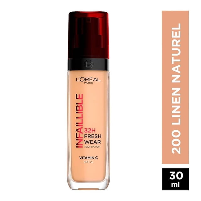 base de maquillaje l'oréal infallible 32h fresh wear 200 sable dore 30 ml frasco frontal con dosificador y tapa roja; tono sable doré visible, etiqueta con texto "Infallible 32H Fresh Wear", indica vitamina C y FPS 25, fondo blanco y banda lateral que muestra "200 Linen Naturel" y "30 ml".