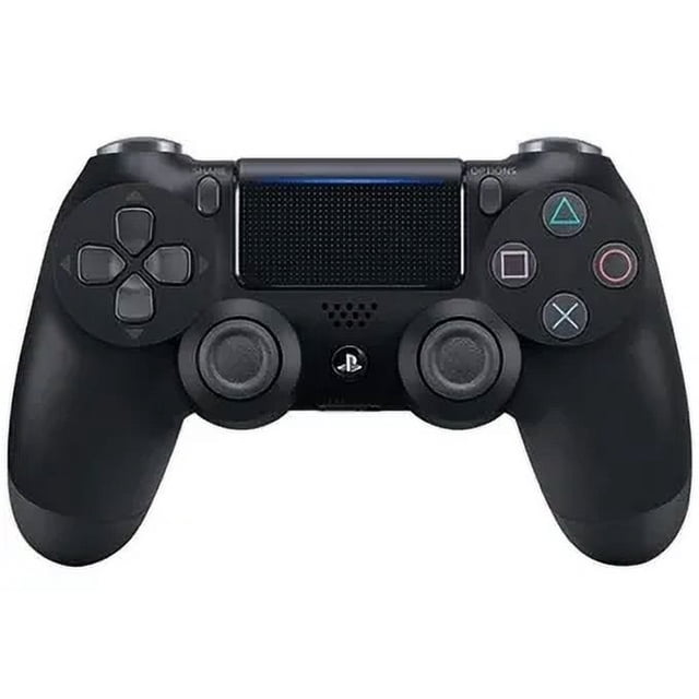 control joystick inalámbrico sony playstation dualshock 4 ps4 jet black negro, vista frontal centrada del mando con dos joysticks analógicos, pad direccional izquierdo, botones de acción (triángulo, círculo, equis, cuadrado) derecho, panel táctil rectangular central, botón SHARE visible, rejilla de parlante y toma para audífonos en la parte frontal, acabado negro mate y empuñaduras ergonómicas; compatible con Bluetooth para PS4 y PC, a menudo usado también para streaming y juego portátil.