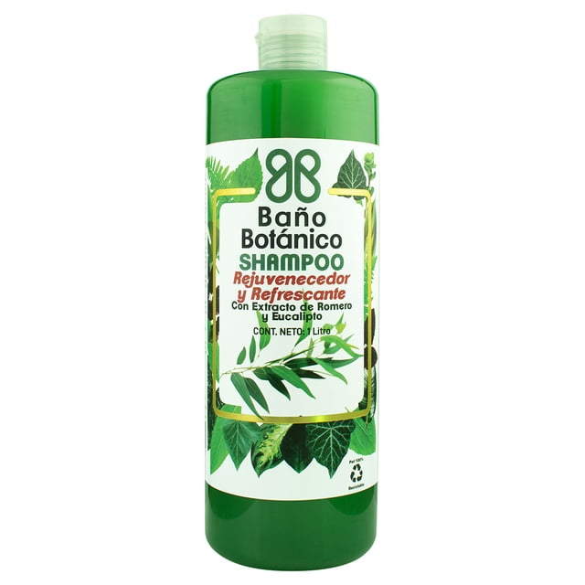 shampoo rejuvenecedor y refrescante baño botánico 1 litro con extracto de romero y eucalipto — envase cilíndrico verde 1 L, vista frontal centrada; etiqueta blanca con logo BAÑO BOTÁNICO, texto 'Shampoo Rejuvenecedor y Refrescante' y motivos de hojas de romero y eucalipto; tapa de rosca. A menudo usado para mantener la rutina de cuidado capilar en casa.