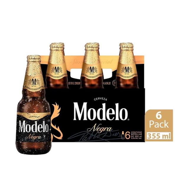 cerveza oscura negra modelo 6 botellas de 355 ml c/u pack frontal con seis botellas oscuras en caja negra, etiquetas doradas con logo 'Modelo Negra', condensación visible en una botella al frente y marca de 6 pack y 355 ml; suele usarse como opción para regalar en reuniones o para conservar en el refri.