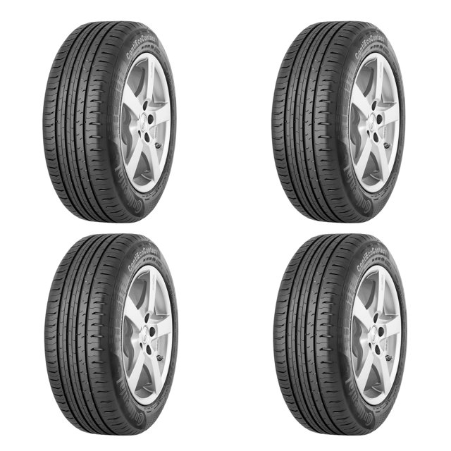 paquete de 4 llantas 185/60r15 84h modelo contiecocontact 5 ao marca continental Paquete de cuatro llantas Continental ContiEcoContact 5 185/60R15 84H AO en vista 3/4 frontal sobre fondo blanco; banda de rodadura con tres canales circunferenciales y ranuras laterales visibles, flancos con marcaje "ContiEcoContact" y sello AO (homologación Audi), perfil de caucho liso y patrón direccional definido; adecuado como repuesto para autos compactos y a menudo usado para viajes largos por su enfoque en eficiencia de combustible según la ficha técnica.