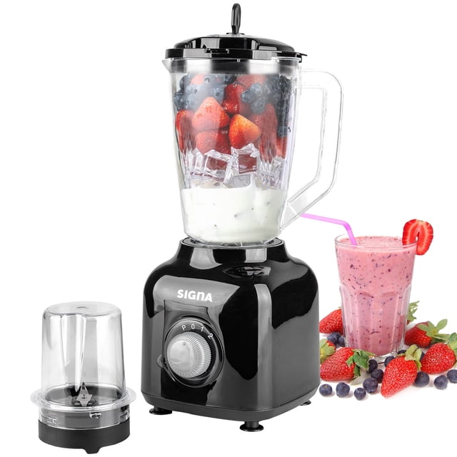 licuadora profesional moledor 2 en 1 2 velocidades vaso 1.5 litros signa color negro Vista frontal centrada de la licuadora SIGNA color negro con base de acabado liso, perilla giratoria frontal para 2 velocidades, vaso mezclador transparente de 1.5 L con mango y tapa negra, y molinillo independiente transparente; fondo blanco con un vaso de licuado y frutas como contexto. A menudo se utiliza también para moler pequeñas porciones de café o especias.