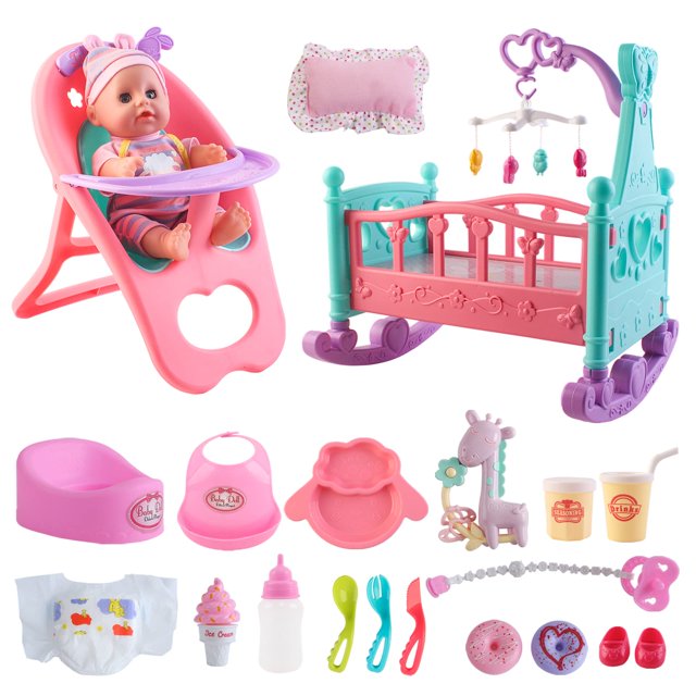 set de juego para muñecas deao my first de 12 pulgadas con cuna y silla alta. set de 12 pulgadas con muñeca bebé vestida en rosa, cuna mecedora turquesa y rosa con móvil colgante, silla alta rosa, almohada estampada y accesorios surtidos (biberón, chupón, orinal, platos, vasos, cubiertos y juguetes de comida) dispuestos sobre fondo blanco; ideal para juego de rol y a menudo usado para practicar coordinación ojo-mano en niños.
