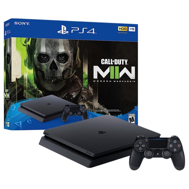 consola ps4 playstation 4 slim 1tb bundle call of duty modern warfare ii nueva negro consola PlayStation 4 Slim negra 1TB en vista frontal tres cuartos con control DualShock 4 negro y caja del bundle Call of Duty: Modern Warfare II al fondo; acabado mate y logo PlayStation en la tapa; especificaciones destacadas: CPU AMD Jaguar 8 núcleos, GPU AMD 1.84 TFLOPS, 8GB GDDR5, 1TB de almacenamiento, 1 HDMI y 2 USB tipo A. También suele usarse para reproducir juegos y contenidos digitales en reuniones o viajes.