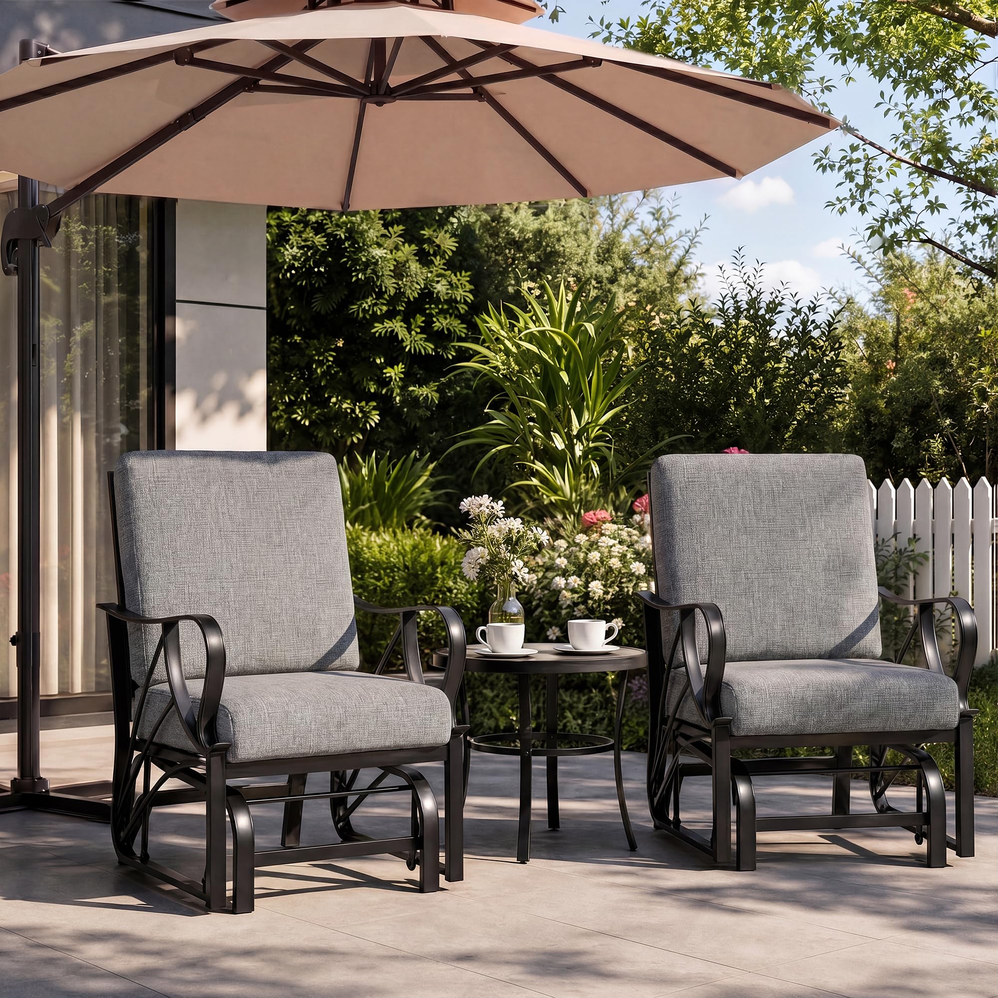 Silla mecedora de exterior para patio y jardín - Estructura metálica robusta - Cojín desmontable y reposabrazos curvos - Para terraza, porche o piscina - Color gris oscuro