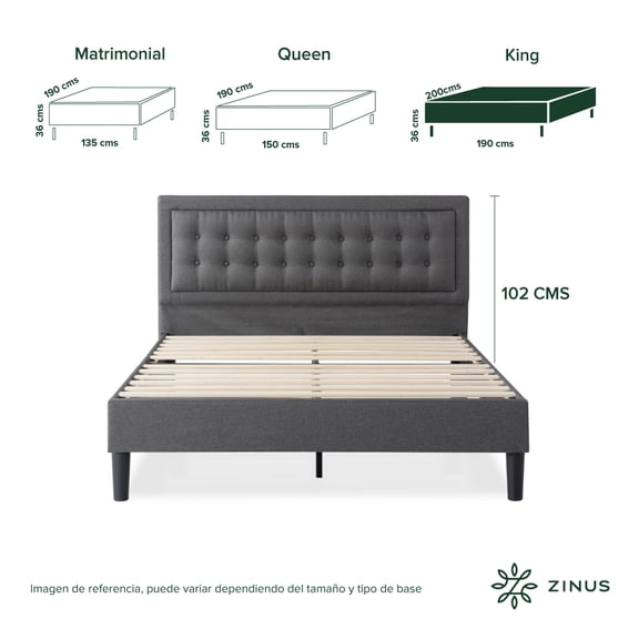 Base de Cama con Cabecera King Size Zinus Dachelle Tapizada Con Botones Gris Oscuro. Fácil Armado, para Todas las Edades.