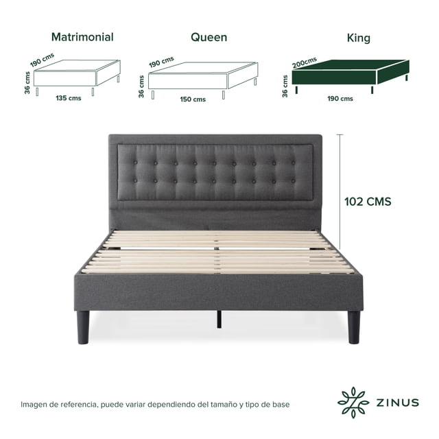 base de cama con cabecera king size zinus dachelle tapizada con botones gris oscuro. Vista frontal centrada: cabecera acolchada con botones en dos filas, estructura de acero tapizada gris oscuro, listones de madera visibles en la base y patas cilíndricas negras; dimensiones 190 x 200 cm, altura de cabecera 102 cm; incluye piezas e instrucciones para montaje sencillo por 1–2 personas en menos de una hora; adecuada para todas las edades y para usar sin somier.