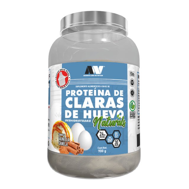 proteína de clara de huevo advance labs nutrition naturals vainilla canela 900g 30 serv frasco frontal con etiqueta azul que destaca "Proteína de claras de huevo" y "Naturals", ilustraciones de huevos y rama de canela, leyenda 900 g y 24 g de proteína por porción, envase transparente con tapa plateada; ideal para licuados post-entrenamiento o batidos diarios.