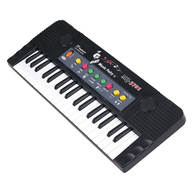 teclado de piano eléctrico, órgano electrónico, juguetes educativos, música digital, instrumento de teclado de piano, juguete para aprendizaje al aire sunnimix teclado piano — Teclado electrónico SM SunniMix 37 teclas en vista 3/4, carcasa negra de polipropileno, teclas blanco/negro, panel con botones de colores y dos altavoces integrados; mini micrófono incluido, tamaño aprox. 43×16.5×4.5 cm, portátil y adecuado para enseñanza musical a niños y principiantes.