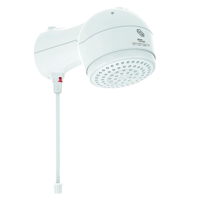 regadera electrónica de temperatura progresiva iusa rain color blanco blanco vista 3/4 frontal de la cabeza de ducha blanca con rociador circular perforado, cuerpo liso sin anillo de goma visible y cordón tirador; diseñada para control progresivo de temperatura y adecuada para renovaciones de baño.