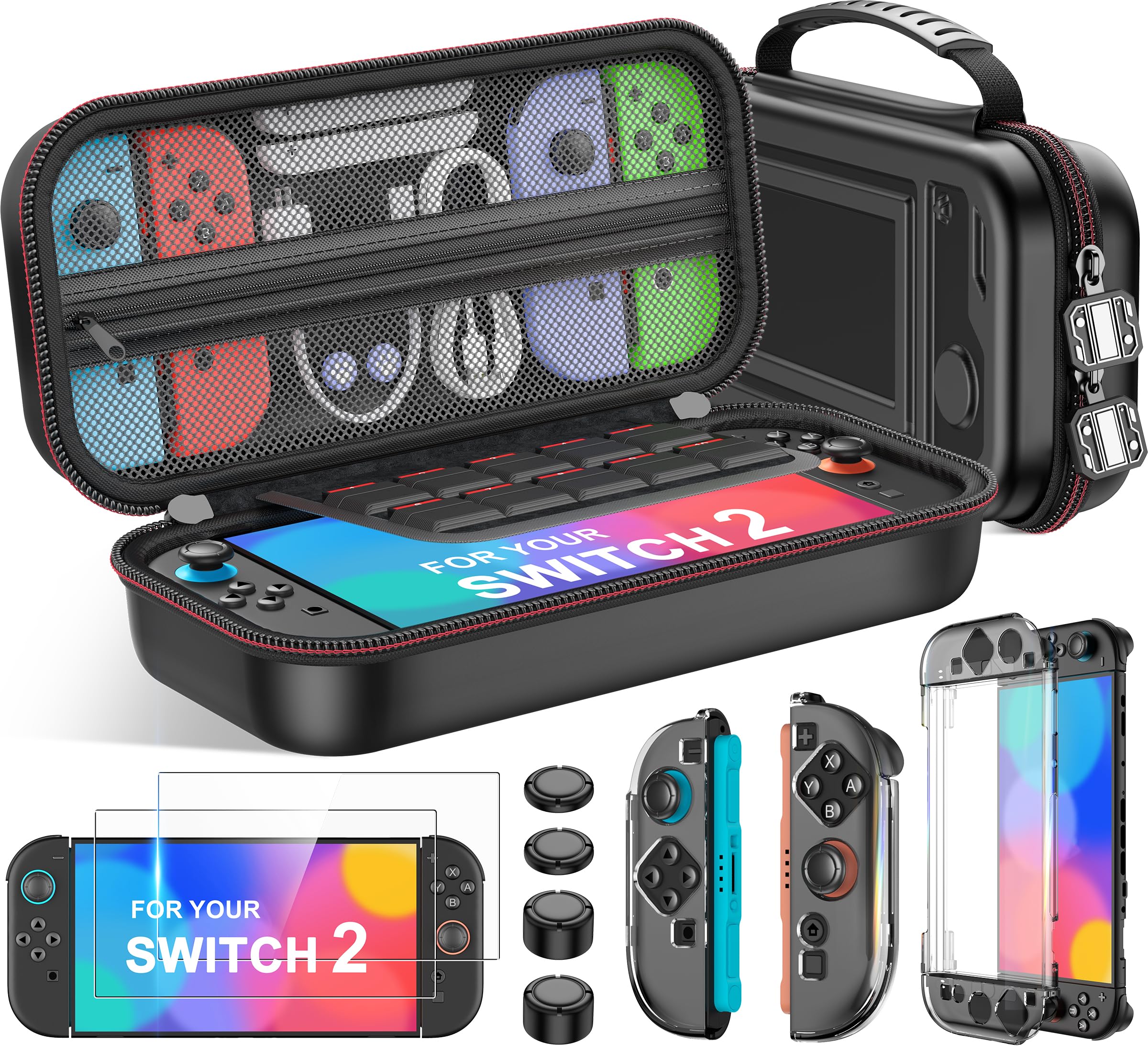 Estuche para Nintendo Switch 2 (2025)/Switch/OLED, kit 4 en 1, 3 protectores de pantalla transparentes, tapas para pulgares, juego de accesorios con estuche de transporte.