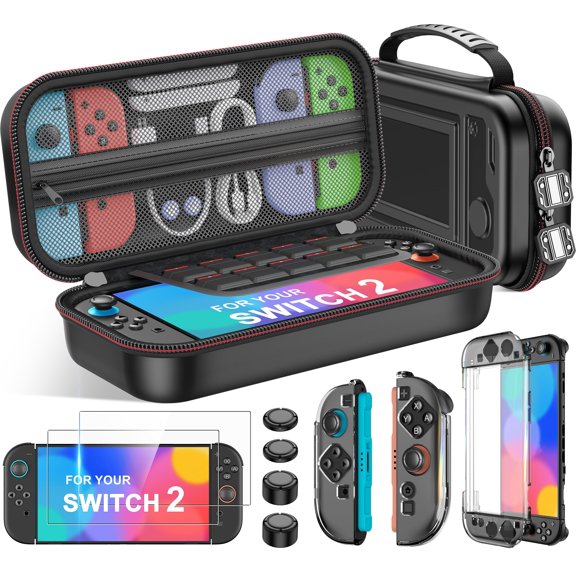 Estuche para Nintendo Switch 2 (2025)/Switch/OLED, kit 4 en 1, 3 protectores de pantalla transparentes, tapas para pulgares, juego de accesorios con estuche de transporte.