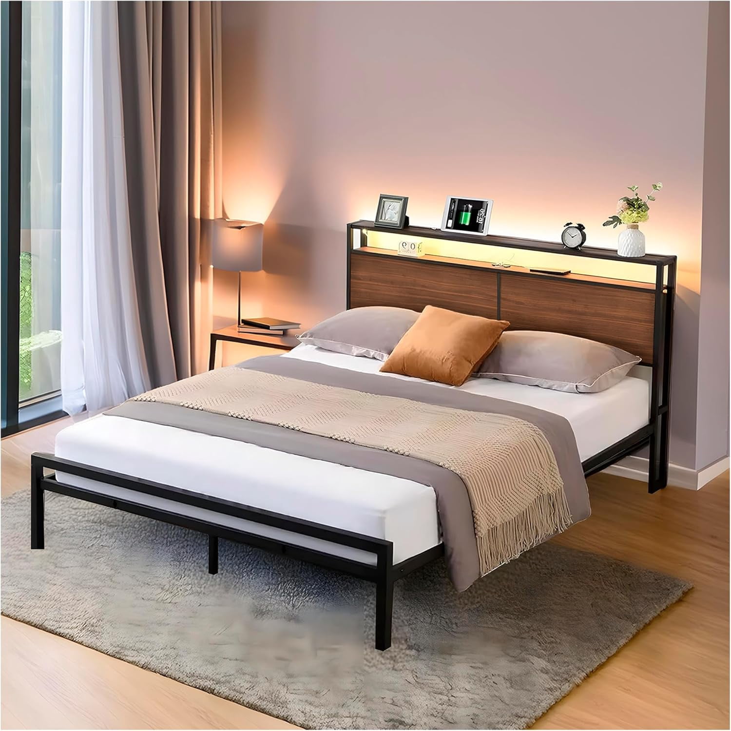 UTILIA Base de Cama Matrimonial con Cabecera, Luces LED, Metal Antideslizante, 2 USB y 2 Tomas de CA