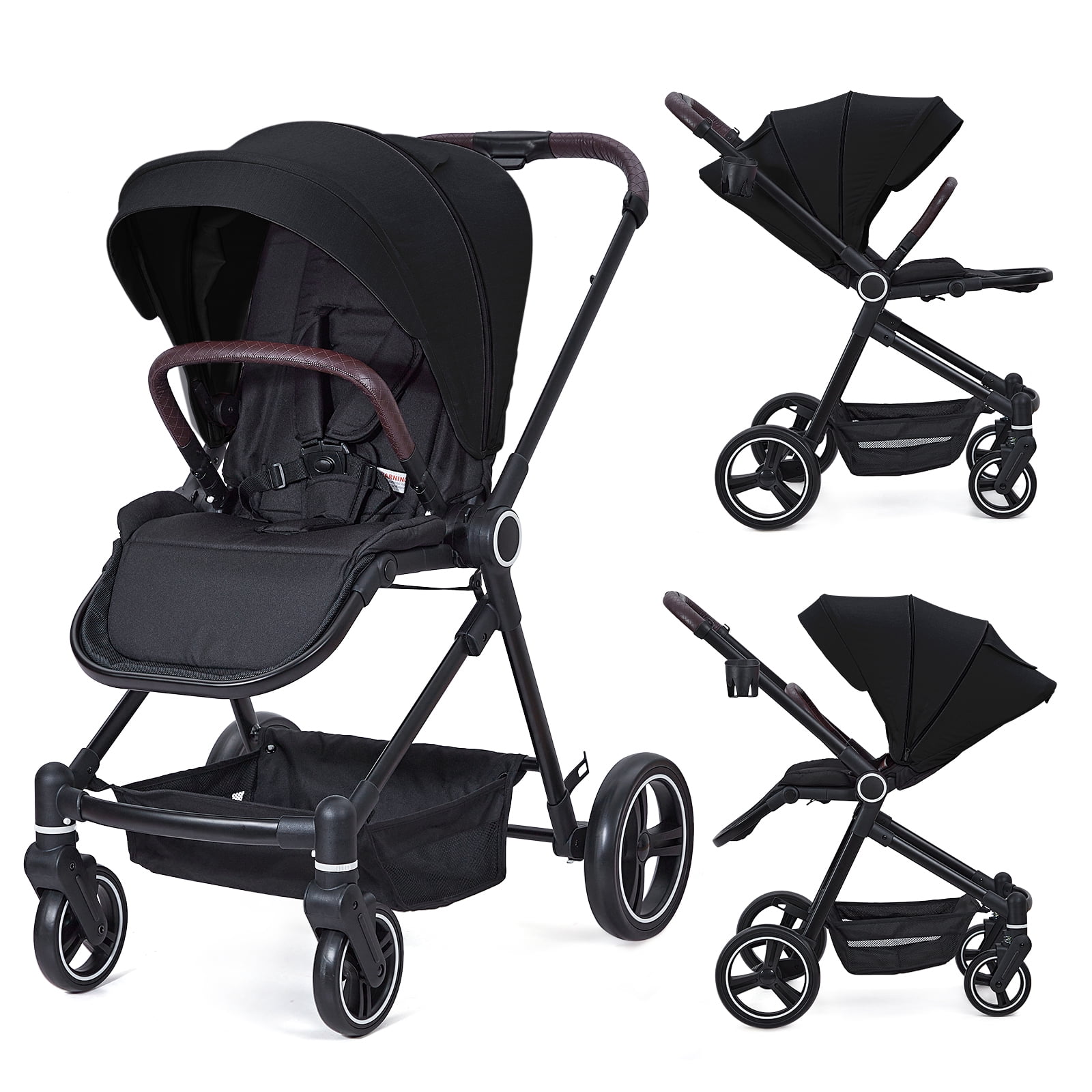 Towallmark Carriola para Bebé 2 en 1, Cochecito Plegable con Capazo y Asiento Reversible, Plegado con Una Mano, Capota UPF 50+, Arnés de 5 Puntos, Negro, Modelo Básico