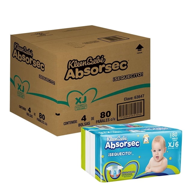 pañales kleenbebé absorsec etapa 6 unisex 320 piezas, vista 3/4 de caja mayorista y paquete individual frontal; caja de cartón marrón con logotipo 'Kleenbebé Absorsec' y texto '¡SEQUECITO!' y marcado '4 bolsas de 80 pañales', paquete azul con bebé sentado y rótulo 'Absorsec XJ 6 80 pañales' con íconos visibles de absorbencia.