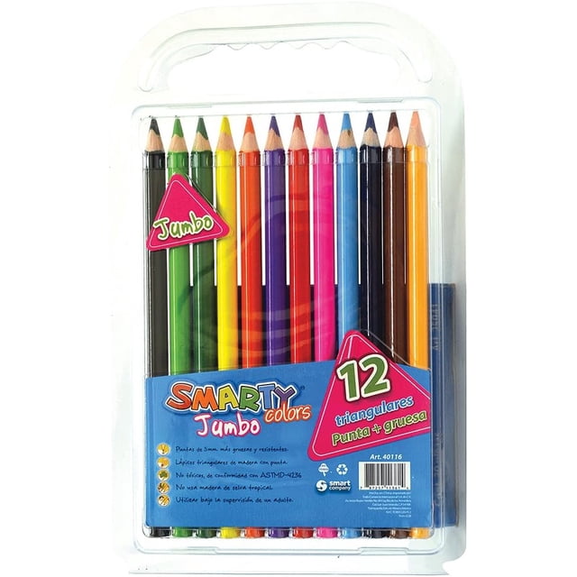 lápices de colores smarty jumbo 12 piezas triangulares, punta gruesa 5mm, no tóxicos, para niños preescolar y primaria, útiles escolares Vista frontal de estuche plástico con 12 lápices de barril triangular alineados por color; puntas visibles de 5 mm y etiqueta frontal azul que muestra '12' y 'punta gruesa', logotipo de la marca. Diseño ergonómico para manos pequeñas, ideal para colorear y manualidades; también suelen usarse para actividades de trazos en la escuela.