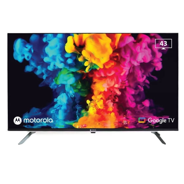 pantalla 43 pulgadas motorola google tv led 43" negro, vista frontal centrada con marco delgado y patas en V, imagen de humo multicolor en pantalla; Full HD 1920x1080, Google TV (Android 11), sonido Dolby, Bluetooth 5.1, HDMI x2, USB x2, AV in. Adecuada para transmitir desde celular y controlar con el Asistente Google.