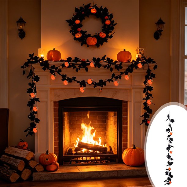Guirnalda de hojas de arce artificiales negras con calabaza de ratán y bayas para decoración de chimenea y ventana de Halloween
