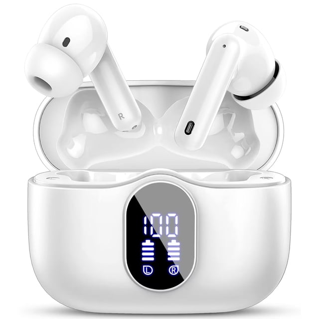 audífonos inalámbricos, audífonos bluetooth 5.4 estéreo de bajos, audífonos con micrófono con cancelación de ruido y pantalla led, 36h de reproducción en audífonos intrauditivos, audífonos deportivos Blanco Aptkdoe vista frontal 3/4 de estuche de carga abierto con dos audífonos intrauditivos blancos; pantalla LED frontal con números y barras de batería, tallos con micrófonos visibles, puntas de silicona, diseño curvado ergonómico y superficie brillante sobre fondo blanco, su tamaño compacto sugiere uso activo.