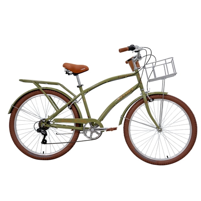 bicicleta veloci amsterdam city rodada 26 verde urbana Bicicleta urbana rodada 26 con cuadro rígido de acero pintado verde, sillín y puños café, rines de aluminio, llantas 26x2.125 café, cambio trasero indexado de 7 velocidades, manubrio city y canastilla frontal metálica; vista lateral perfil completo sobre fondo blanco. También es adecuada para trayectos urbanos y uso diario.