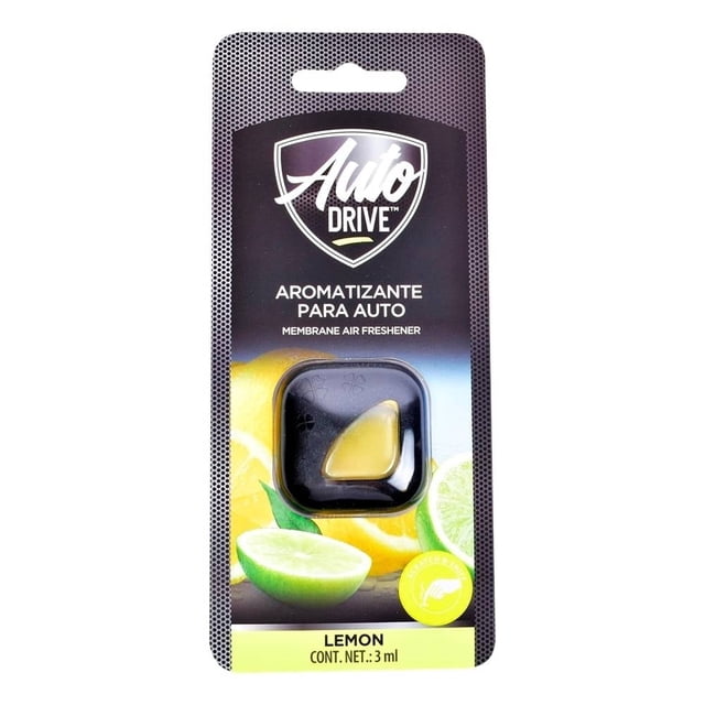 aromatizante para auto auto drive lemon 3 ml empaque frontal con logo Auto Drive, cuerpo plástico negro con cápsula triangular amarilla y clip trasero, indicado para instalar en salidas de ventilación internas, sistema rasca-huele activable al frotar y aroma fresco cítrico; a menudo usado también para refrescar guanteras pequeñas.