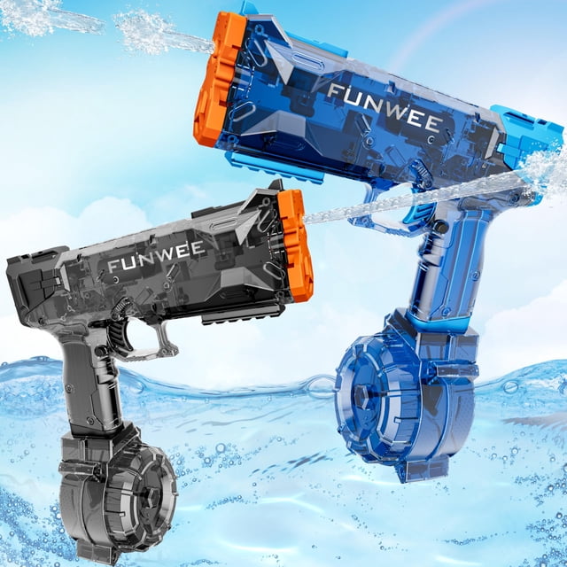 pistola de agua eléctrica funwee, paquete de 2, para niños y adultos Dos lanzadores de agua FUNWEE en vista en ángulo; uno negro y otro azul con boquilla naranja, depósitos circulares inferiores transparentes, gatillos y estructura ABS visibles, chorros de agua en acción sobre fondo tipo piscina; también útil como juguete para practicar puntería en exteriores.
