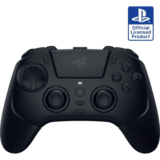 mando inalámbrico razer raiju v3 pro con licencia oficial para playstation, ps5 y pc, vista frontal centrada en color negro: dos thumbsticks TMR personalizables, cruceta direccional circular izquierda, cuatro botones frontales con símbolos PlayStation, panel táctil texturizado con logotipo Razer, indicador LED y tres botones de función en columna central, empuñaduras texturadas y gatillos superiores rápidos; también suele usarse para entrenamiento de mando o sesiones de streaming portátil.