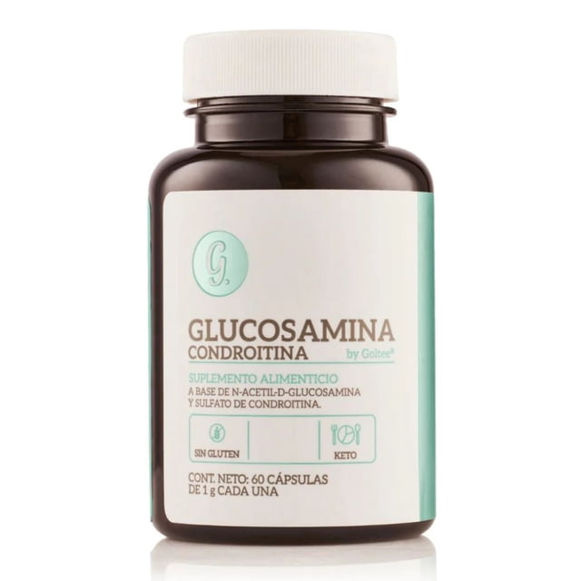 glucosamina con condroitina - suplemento alimenticio, 60 cápsulas | goltee Frasco frontal centrado con etiqueta blanca y verde menta que muestra logo Goltee, texto 'Glucosamina Condroitina', indicación de 1,000 mg por cápsula y contenido neto 60 cápsulas; envase ámbar con tapa blanca y leyenda legal que indica que no es un medicamento. A menudo usado como complemento diario en regímenes de suplementos dietéticos.