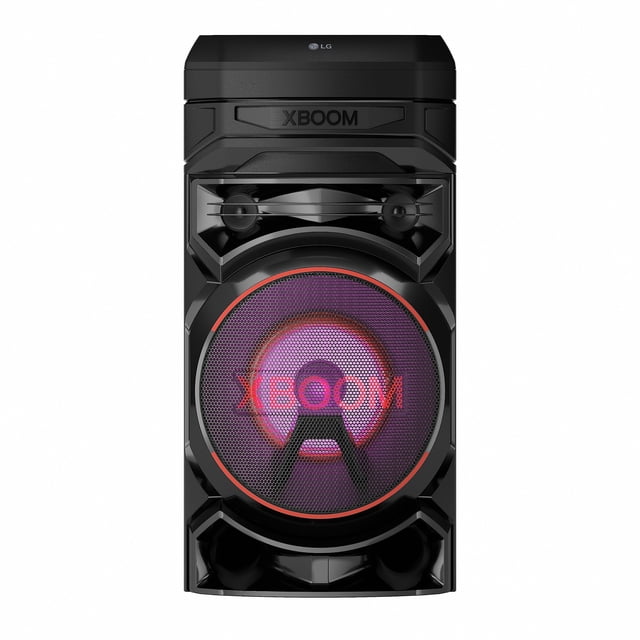 sistema de audio lg rnc5 xboom con explosión de graves vista frontal centrada de torre negra con woofer de 8" iluminado en morado y rojo, rejilla circular con texto XBOOM, dos tweeters superiores y panel superior con logo LG; compatible con app remota y Bluetooth, función Karaoke Creator e iluminación de baile.