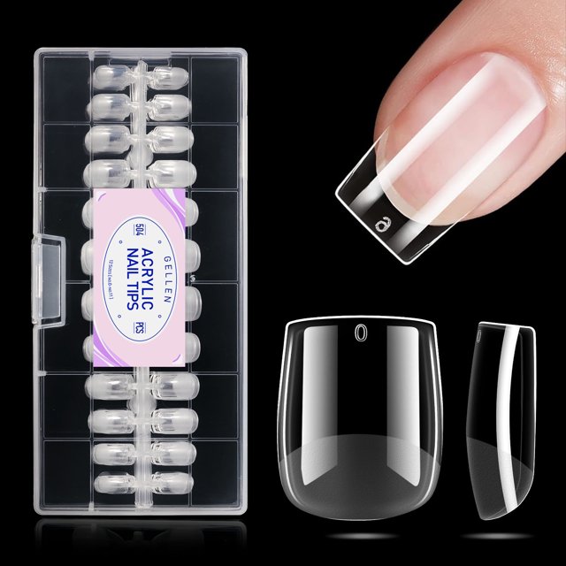 gellen puntas de uñas postizas cuadradas extracortas para presionar sobre las uñas, 504 puntas de gel suave para extensiones de uñas cubierta completa preformadas 12 tamaños de uñas postizas — Caja transparente con 504 puntas claras extra cortas en forma cuadrada organizadas en 12 tamaños numerados 0–11, primer plano de una punta colocada sobre la uña natural y detalles de la curvatura cóncava y acabado semimate; aptas para presión con adhesivo, color transparente.