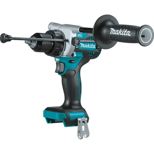martillador-taladro makita xph14z lxt® litio-ion de 18 v rotomartillo en vista frontal 3/4; cuerpo turquesa y negro con mango ergonómico de goma, empuñadura lateral redonda Makita, portabrocas automático metálico de 1/2 pulg. con tope de profundidad, clip de cinturón metálico y etiqueta "brushless" visible; también suele usarse para perforaciones de anclaje en obras pequeñas.