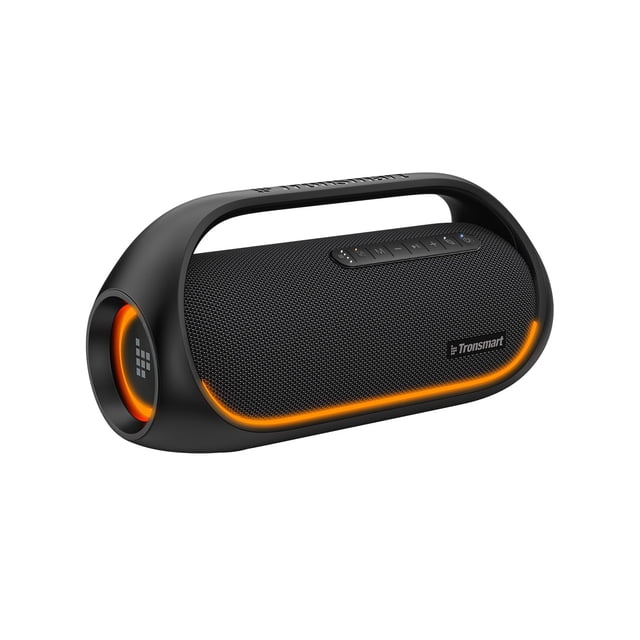 tronsmart altavoces bluetooth bang actualizados de 60 w con subwoofer, altavoz bluetooth resistente al agua ipx6 con luz de 7 colores, tiempo de reproducción de 15 horas, ecualizador personalizado, al — Vista frontal en 3/4 de un altavoz portátil Tronsmart Bang negro con asa integrada, rejilla texturizada frontal, panel de controles superior y logo Tronsmart; radiador lateral con anillo de luz naranja encendido, tira de LEDs frontal, botones de reproducción y volumen visibles, silueta cilíndrica con subwoofer y acabado mate sobre fondo blanco. Adecuado para fiestas y uso al aire libre; puede usarse como banco de energía.
