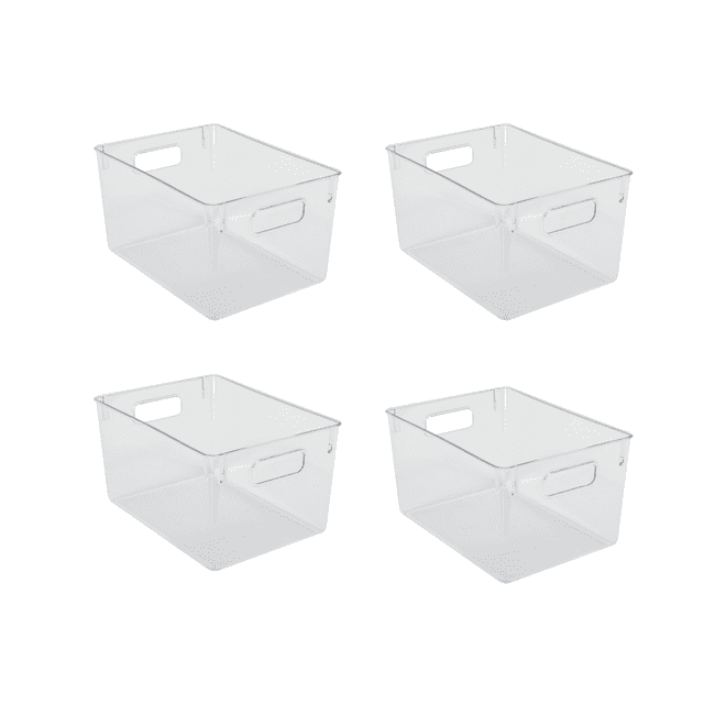 juego de 4 piezas de organizadores styrka contenedores de plástico para refrigerador multiusos apilables transparentes Conjunto de cuatro contenedores STYRKA frontales 3/4, rectangulares y transparentes con asas recortadas; apilables, tamaño por pieza 28.2 x 20.5 x 15.3 cm, pensados para organización en refrigerador, despensa o escritorio y para transporte portátil.