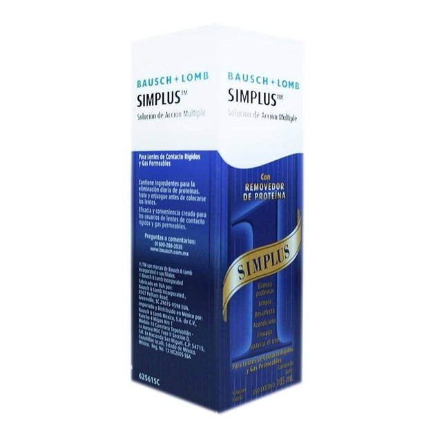solución de acción múltiple simplus para lentes de contacto rígidos y de gas permeables 105 ml — Caja vertical en vista 3/4, frontal blanca y azul con la marca visible y el rótulo "Con removedor de proteína", indicado para lentes rígidos y gas permeables; panel lateral con texto de instrucciones legible, fondo neutro.