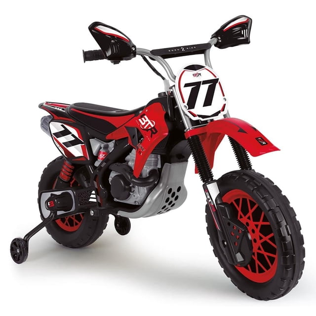 vehículo montable injusa motocross 12v montable infantil rojo y negro, vista 3/4 frontal con ruedines estabilizadores y llantas con bandas de goma; guardabarros y cubre-manetas visibles, recomendado desde 3 años, velocidad 5-6 km/h, batería y cargador incluidos, ideal para patios y paseos cortos.