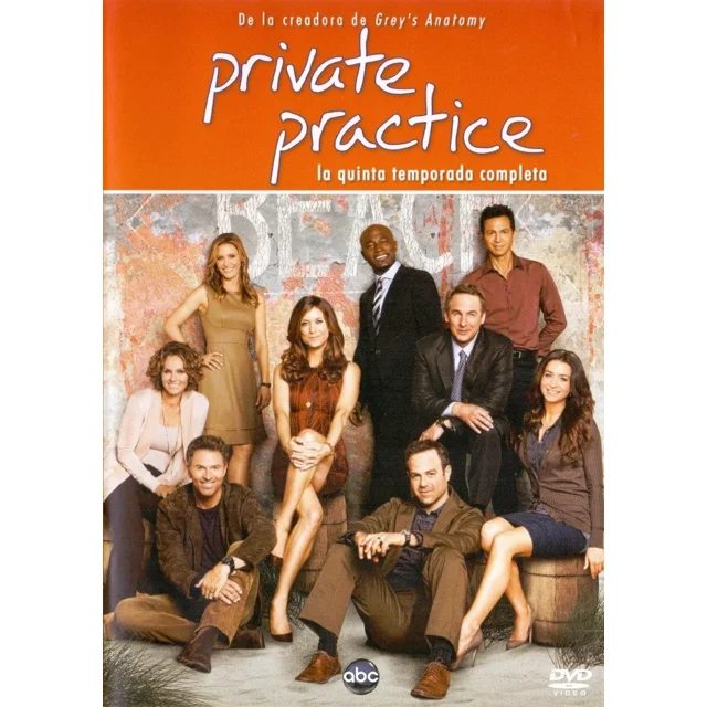 private practice quinta temporada 5 abc studios dvd carátula frontal con fondo naranja y título en blanco, elenco de ocho actores en grupo vestidos formal y casual sentados y de pie, texto "la quinta temporada completa" y logotipo ABC en la parte inferior.