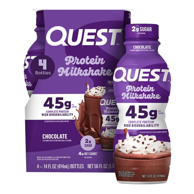 quest milshake chocolate con 45g de proteína, rtd listo para beber - caja 12 piezas Caja con 12 botellas Quest Protein Milkshake sabor chocolate, vista frontal de envase morado con botella individual de 414 ml que muestra '45 g proteína', '2 g azúcar' y '4 g net carbs' por porción, etiqueta grande 'Protein Milkshake' y ilustración de preparación cremosa; adecuada como bebida proteica lista para llevar.