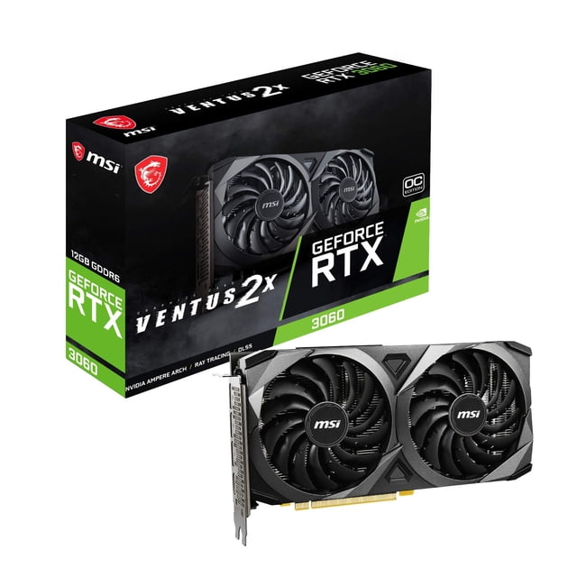 tarjeta gráfica para juegos msi geforce rtx 3060 ventus 2x 12gb 3/4 frontal de la tarjeta con doble ventilador MSI TORX Fan 3.0, gran disipador de aletas y conector PCIe; panel de salidas visible con DisplayPort x3 y HDMI 2.1 x1, caja de empaque negra y verde al fondo; también suele usarse para estaciones de juego compactas o rigs de streaming de nivel entusiasta.