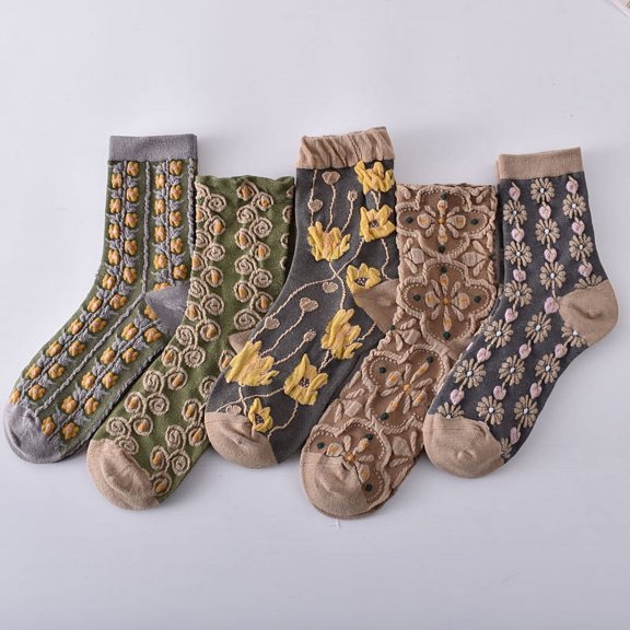 pstuiky Calcetines florales de algodón para mujer|5 pares de calcetines florales vintage bordados|calcetines florales vintage cálidos para invierno|calcetines vintage con relieve para niñas