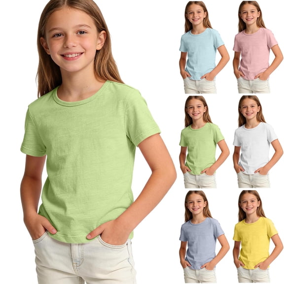 LLYWEY Camisetas Acanaladas para Niñas, Camisetas Básicas Ajustadas de Cuello Redondo, Camisetas Casuales Sueltas de Manga Corta Rosas 9 Años