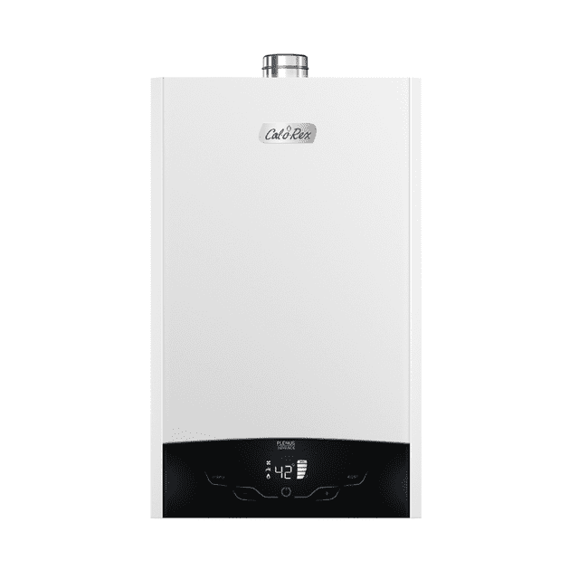 calentador de agua instantáneo calorex plenus advance 28 gas lp vista frontal centrada del equipo blanco y rectangular con salida de chimenea superior, logo Calorex en la parte superior y display Soft Touch negro en la base que muestra temperatura digital (42) y controles táctiles; perfil compacto para montaje mural, rendimiento de 28 L/min y compatible con sistemas solares, a menudo usado en instalaciones multifamiliares o comerciales pequeñas.