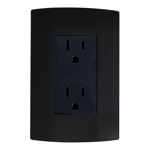 contacto tomacorriente duplex schneider electric negro frontal centrado, tomacorriente duplex negro mate de plástico con dos tomas tipo A en disposición vertical, placa rectangular con bordes redondeados y logo Schneider en relieve al costado; dimensiones 11.1 x 7.4 cm, montaje chalupa, 15 A, hasta 250 V y 50-60 Hz, adecuado para cargar dispositivos electrónicos o conectar electrodomésticos.
