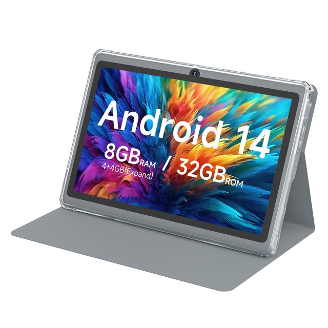 hottablet tablet 7 pulgadas android 14.0 con funda protectora, 8 gb (4+4 gb expandidos) ram+ 32 gb rom, pantalla ips, cámara dual, bluetooth 5.0 wifi tab (gris) Vista 3/4 frontal de la tableta HOTTABLET gris de 7" con funda folio que la sostiene en modo soporte; pantalla IPS muestra texto "Android 14" y "8GB / 32GB", cámara frontal centrada en el marco superior y funda transparente que cubre los bordes. Suele usarse también como tableta de viaje para lectura y consumo de medios.
