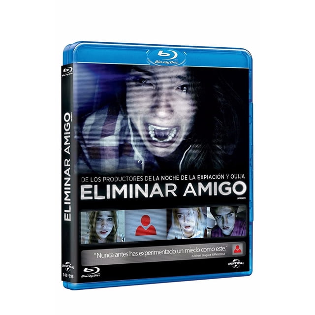 eliminar amigo unfriend universal pelicula en blu ray Carátula frontal de Blu-ray con un rostro femenino gritando en primer plano, título grande "ELIMINAR AMIGO" sobre franja negra, tira lateral con el título, tres miniaturas de rostros abajo y logos de Blu-ray y Universal visibles; ficha señala audio en inglés, subtítulos en español y duración aproximada 82 minutos.