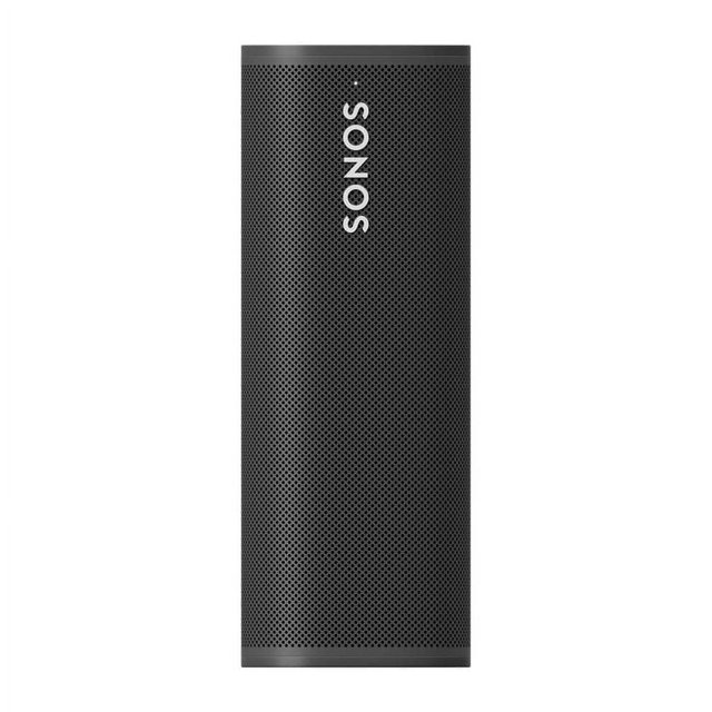 bocina inteligente portátil wifi bluetooth roam-negro sonos sonos nueva función llamada sound swap, negro Vista frontal vertical de la bocina Sonos Roam en negro, carcasa cilíndrica compacta con rejilla perforada y logotipo SONOS en vertical; bordes superior e inferior lisos y botón de estado visible. Portátil con hasta 10 horas de batería y clasificación IP67, se conecta por Wi‑Fi y Bluetooth, diseñada para colocarse vertical u horizontal. A menudo se usa también para llevar audio en viajes o reuniones pequeñas.