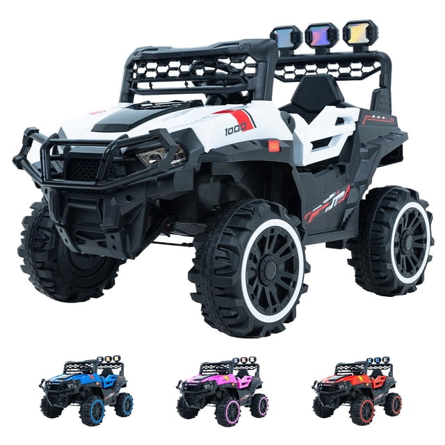 carro buggy electrico montable de bateria para niños Blanco SELECTSHOP, vista 3/4 frontal de buggy infantil con parrilla frontal y barra antivuelco, cuatro ruedas todoterreno con aros blancos, tres luces LED superiores, asiento individual y control remoto incluido con funciones avance/reversa/izquierda/derecha/velocidad/mecedora/freno; ideal para paseos en parques.