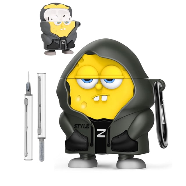 funda para airpods pro 3 yajojo ocean sponge hero funda de silicona con personaje amarillo tipo esponja con sudadera gris y capucha, vista frontal centrada con tapa separable, textura suave mate, incluye mosquetón lateral y kit de limpieza mostrado; ajuste preciso para AirPods Pro 3, puerto de carga accesible y protección 360°, también adecuada para llevar auriculares en viajes.
