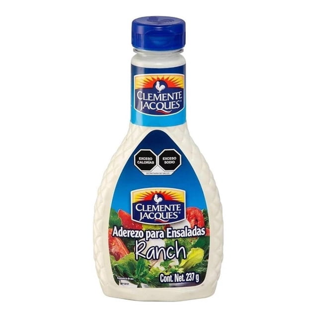 aderezo para ensaladas clemente jacques estilo ranch 237 g botella plástica frontal con tapa azul y etiqueta con logo Clemente Jacques; texto “Aderezo para Ensaladas Ranch”, salsa blanca cremosa visible a través del envase texturizado, apto para salsas y ensaladas en la despensa; también suele usarse como aderezo para bowls y acompañar vegetales asados.